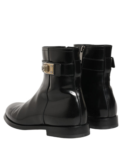Dolce & Gabbana Men's Calf Leather Ankle Mid-Calf Strap Boots - Black Gold