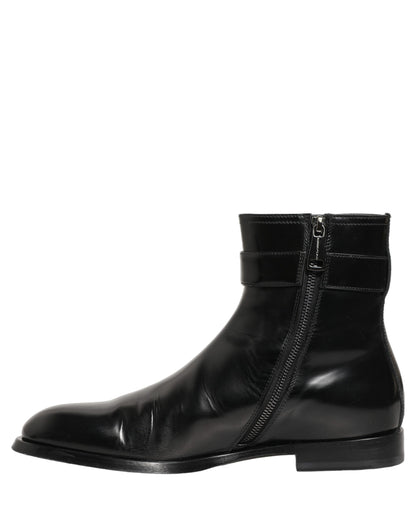 Dolce & Gabbana Men's Calf Leather Ankle Mid-Calf Strap Boots - Black Gold