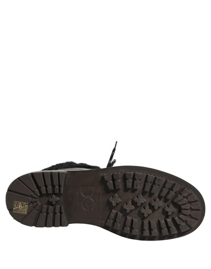 Dolce & Gabbana Black Trekking Fur Lace Leather Boots Shoes