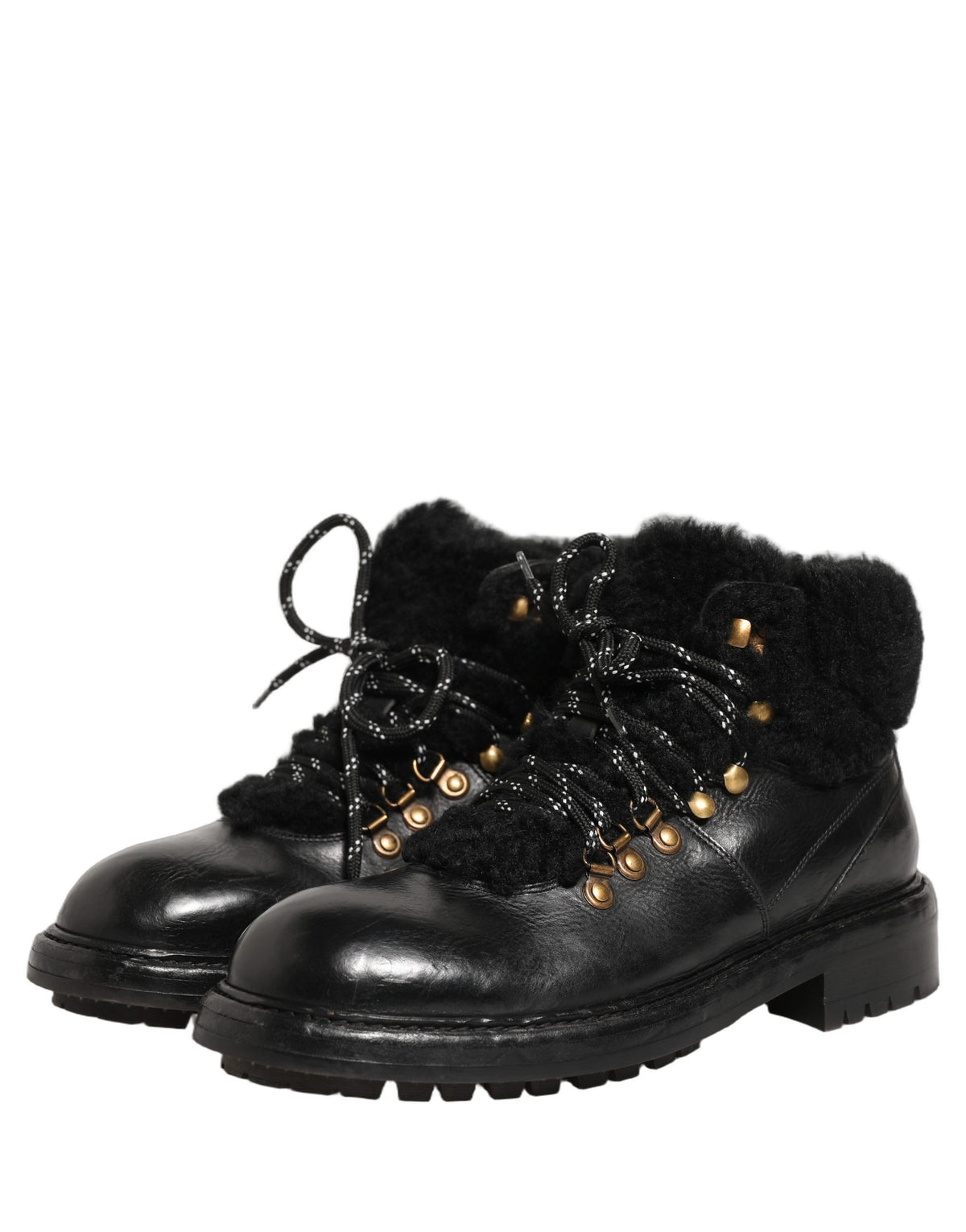 Dolce & Gabbana Men's Calf Goat & Horse Leather Silk Viscose Fur Lace-Up Short Boots - Black