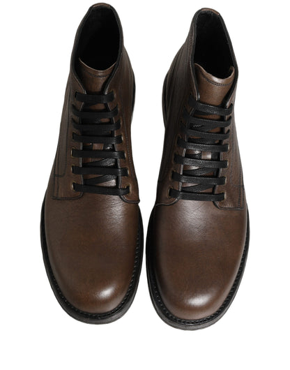 Dolce & Gabbana Men's Silk Viscose Calf Goat & Horse Leather Lace-Up Ankle Short Boots - Brown