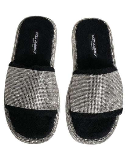 Dolce & Gabbana Black Crystal Embellished Platform Men Slides Shoes