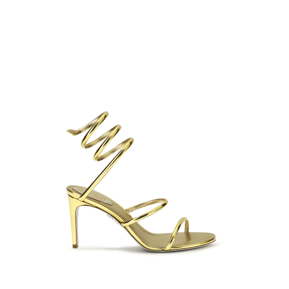 Stiletto Sandals by RENE CAOVILLA for women in bos taurus calf leather gold & lilac showcases a sculptural silhouette as Women's Bos Taurus Calf Leather Stiletto Sandals, defined by a sculptural stiletto and sculptural for a sculptural look.