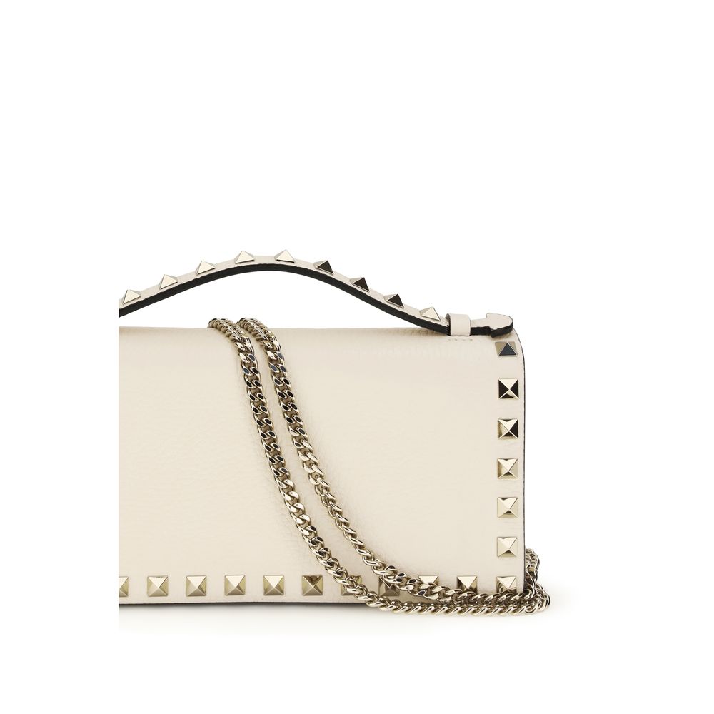 Cardholder Wallet by Valentino Garavani for women in bos taurus calf leather beige & signature presents a streamlined silhouette, showcasing the sophisticated design of the Rockstud Bos Taurus Calf Leather Cardholder Wallet collection with functional card-organization chain.