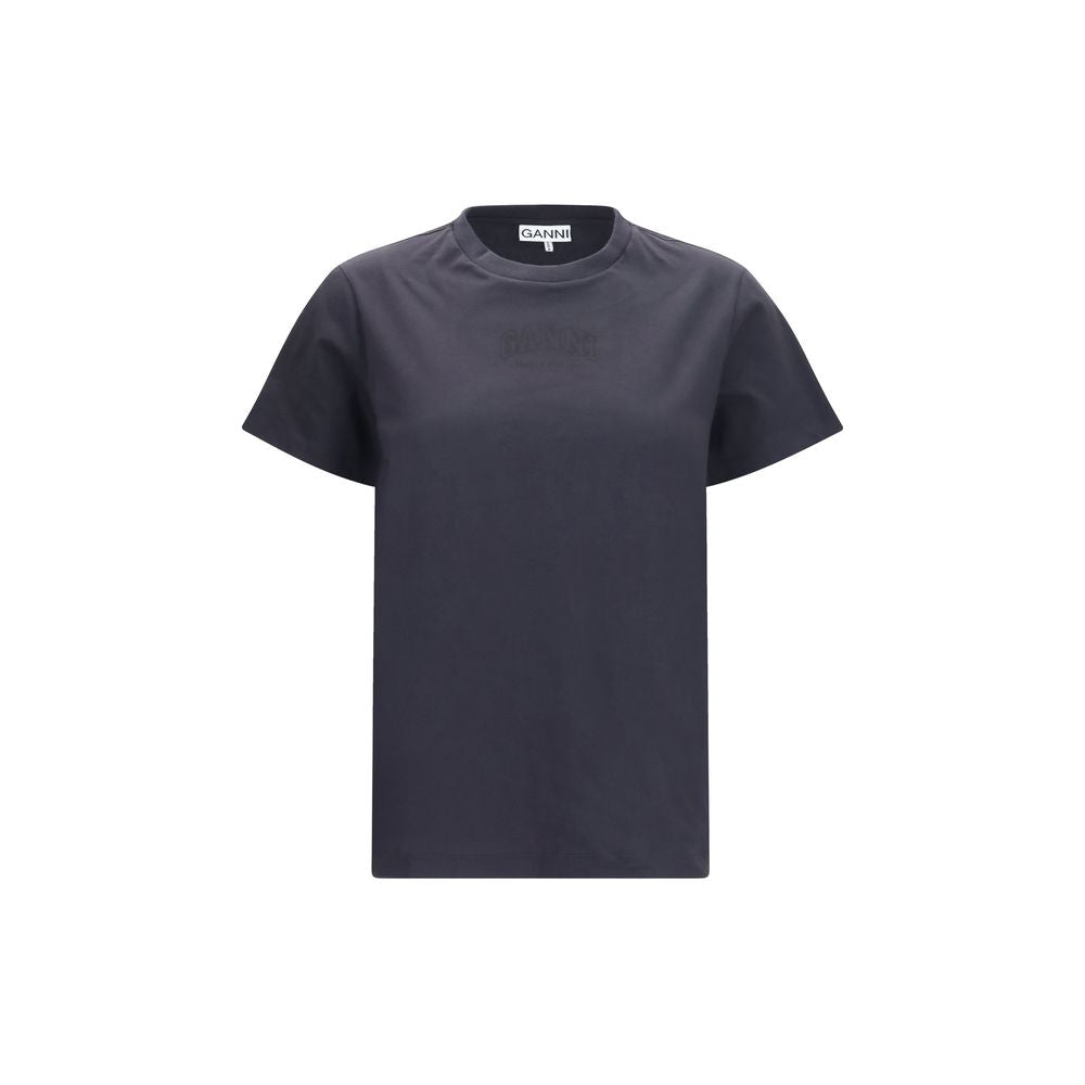 T-Shirt by Ganni for women in cotton black & signature features an edgy silhouette, meticulously detailed with a sophisticated short-sleeve and round neckline for a truly edgy finish.