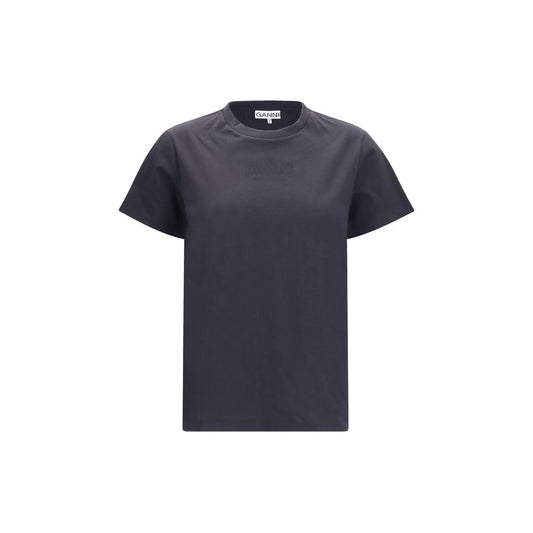 T-Shirt by Ganni for women in cotton black & signature features an edgy silhouette, meticulously detailed with a sophisticated short-sleeve and round neckline for a truly edgy finish.