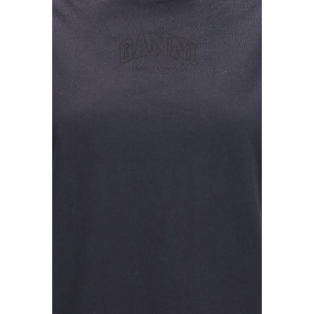 T-Shirt by Ganni for women in cotton black & signature showcases a unassuming silhouette, artfully detailed with a refined round neckline and unassuming for a sophisticated, contemporary look.
