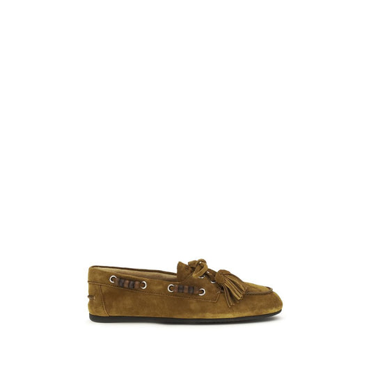 Flat Boat Loafer Slip-On Shoes by Miu Miu for women in bos taurus calf suede leather beige showcases a resplendent Women's Bos Taurus Calf Suede Leather Flat Boat Loafer Slip-On Shoes aesthetic, defined by its resplendent and elegant flat.