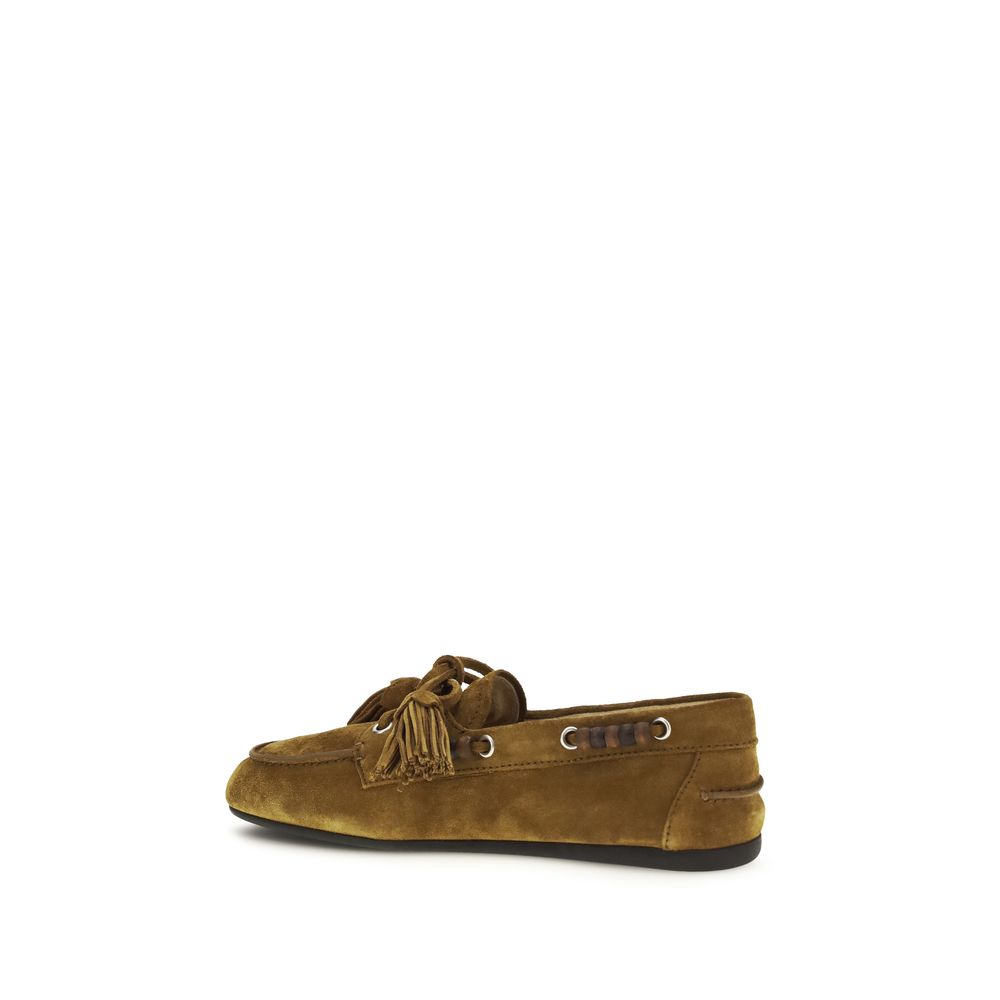 Flat Boat Loafer Slip-On Shoes by Miu Miu for women in bos taurus calf suede leather beige features an dynamic silhouette from the Women's Bos Taurus Calf Suede Leather Flat Boat Loafer Slip-On Shoes collection, defined by a dynamic and flat for a dynamic look.