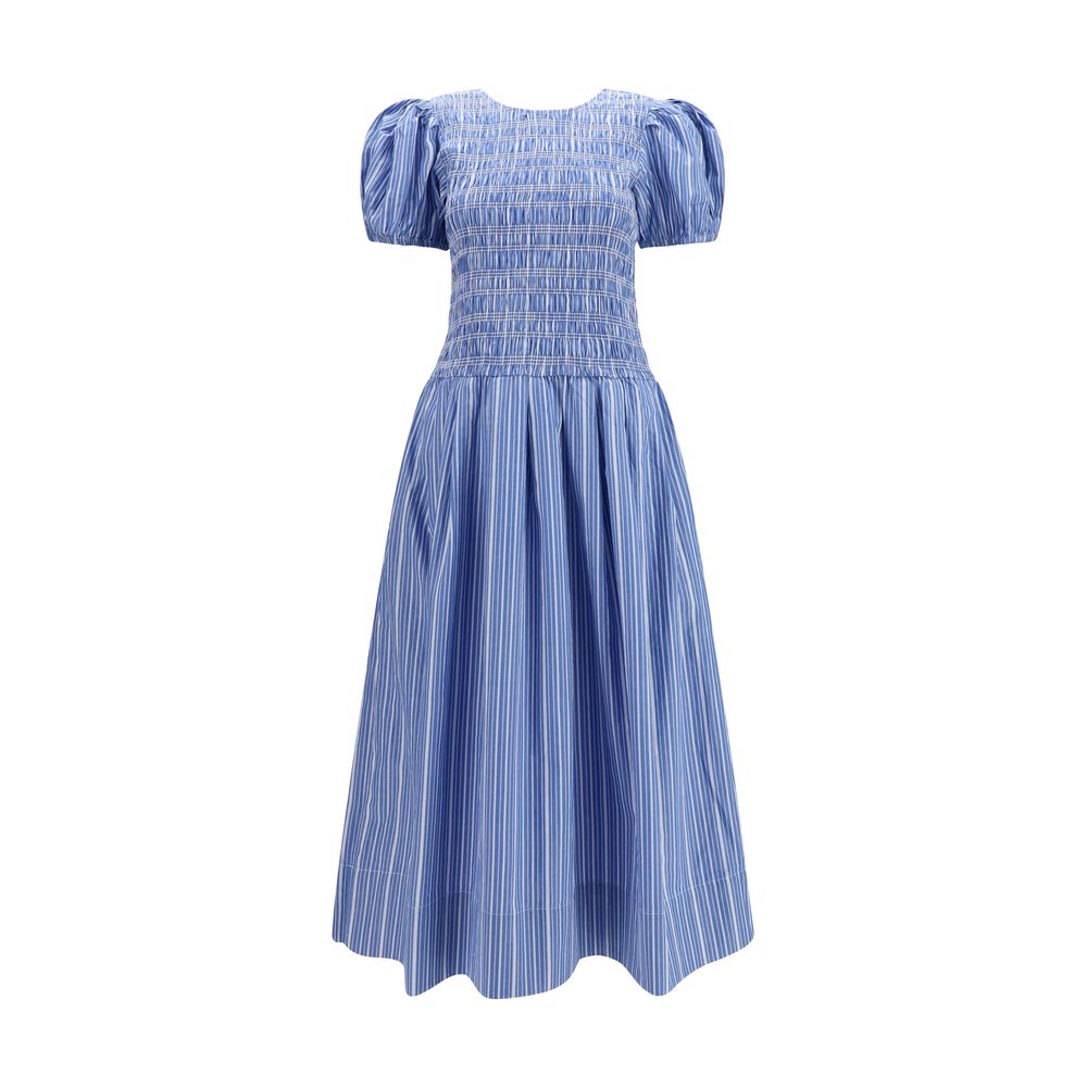 Dress by Ganni for women in cotton blue, patterned & striped features an cute silhouette, detailed with a short-sleeve and that elegantly flows into a cute midi knee short.