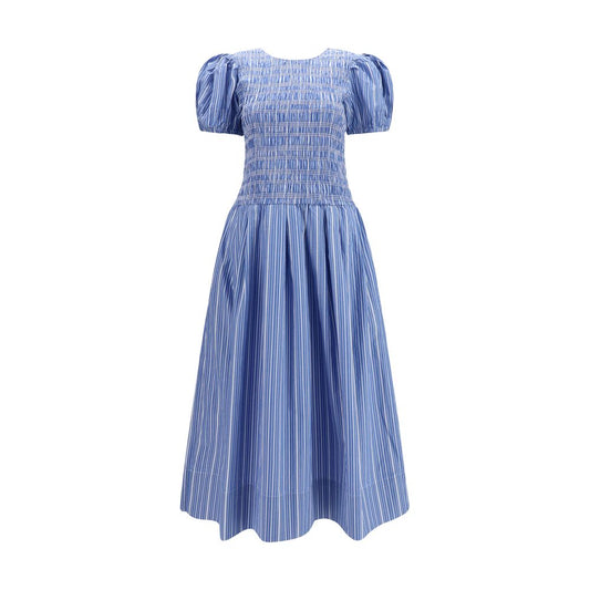 Dress by Ganni for women in cotton blue, patterned & striped features an cute silhouette, detailed with a short-sleeve and that elegantly flows into a cute midi knee short.
