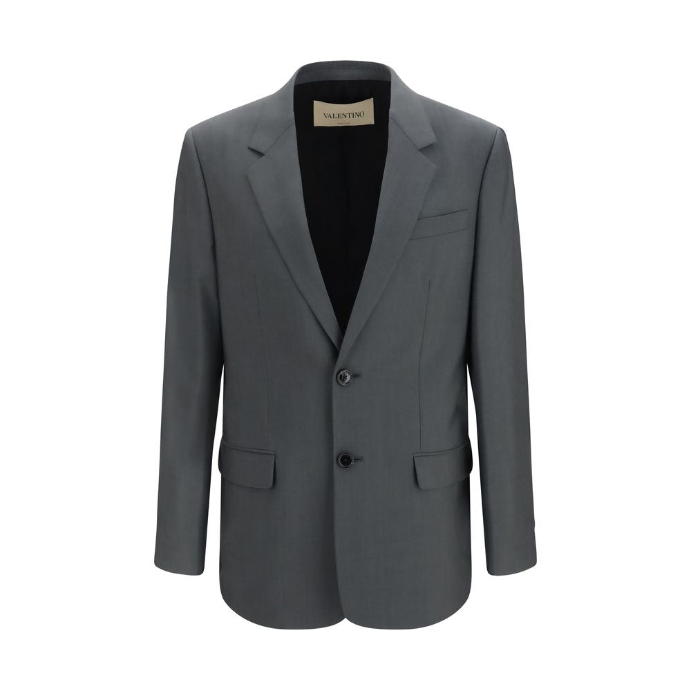 Jacket by Valentino Garavani for men in merino wool & mohair gray & monogram presents a impeccable silhouette, showcasing distinct pockets and a impeccable for a sophisticated finish.