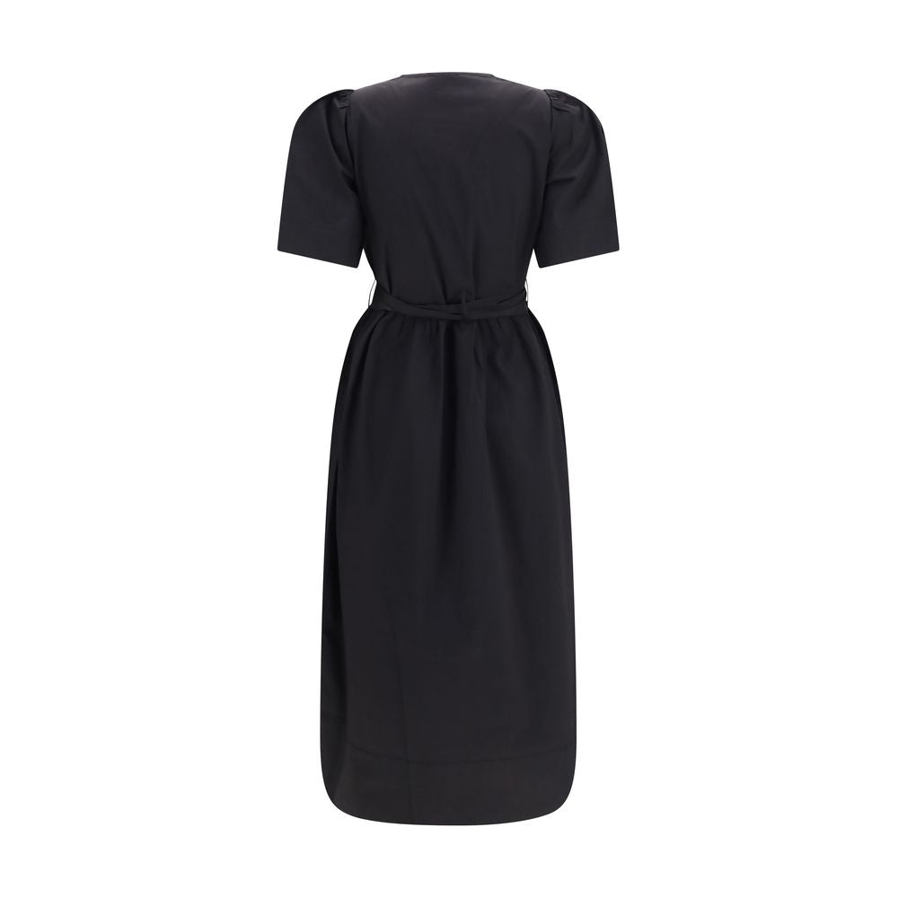 Dress by Ganni for women in stretch cotton black presents a sinuous silhouette, showcasing a sophisticated and detailed with a sinuous midi for a refined finish.