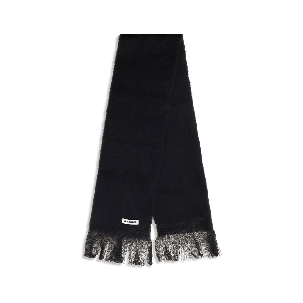 Scarf by Jil Sander for women in wool black & signature showcases a warm silhouette from the Wool Fringes Scarf collection, offering a warm drape that exudes sophisticated luxury.