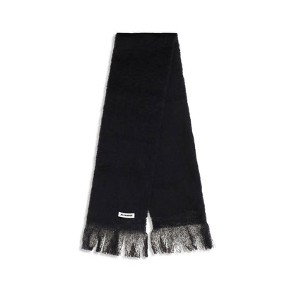 Scarf by Jil Sander for women in wool black & signature showcases a warm silhouette from the Wool Fringes Scarf collection, offering a warm drape that exudes sophisticated luxury.