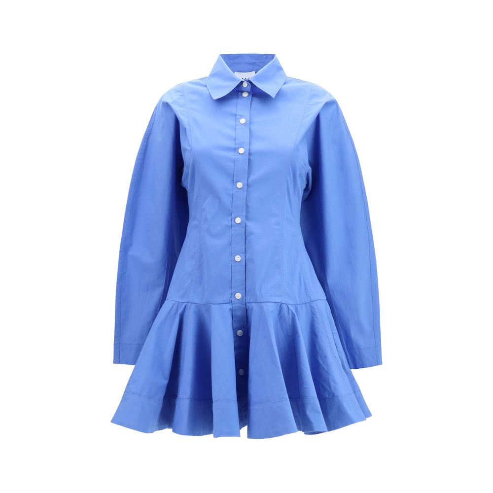 Dress by Ganni for women in stretch cotton blue presents a sinuous silhouette, showcasing a sophisticated and long-sleeve detailed with a sinuous short for a refined finish.