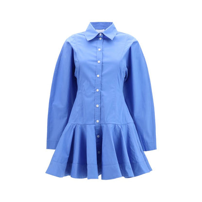 Dress by Ganni for women in stretch cotton blue presents a sinuous silhouette, showcasing a sophisticated and long-sleeve detailed with a sinuous short for a refined finish.