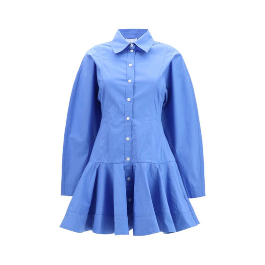 Dress by Ganni for women in stretch cotton blue presents a sinuous silhouette, showcasing a sophisticated and long-sleeve detailed with a sinuous short for a refined finish.
