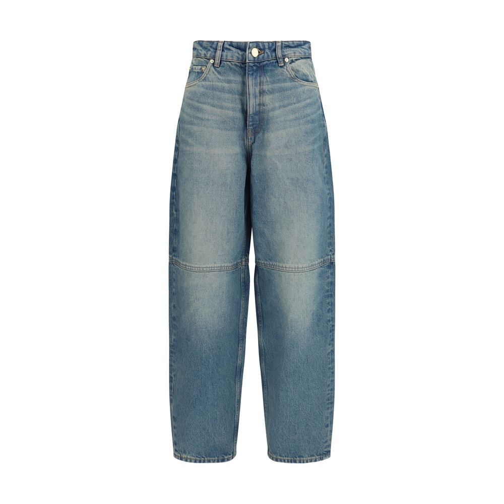 Jeans by Ganni for women in denim cotton blue presents a refined pantology silhouette, artfully defined by a refined pantology tapered-leg & oversized, long, and a sophisticated mid rise.