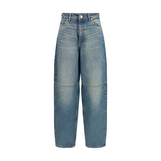 Jeans by Ganni for women in denim cotton blue presents a refined pantology silhouette, artfully defined by a refined pantology tapered-leg & oversized, long, and a sophisticated mid rise.