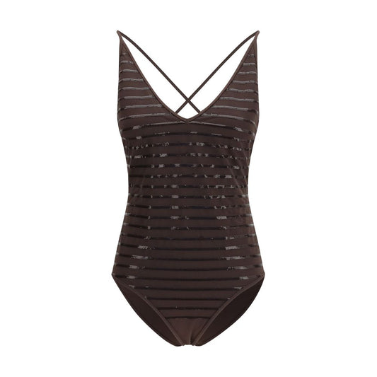 One-Piece Swimsuit by Brunello Cucinelli for women in nylon & sequins brown, patterned & striped features a ethereal silhouette, artfully capturing the essence of Women's Nylon & Sequins One-Piece Swimsuit with its ethereal design and refined cut.