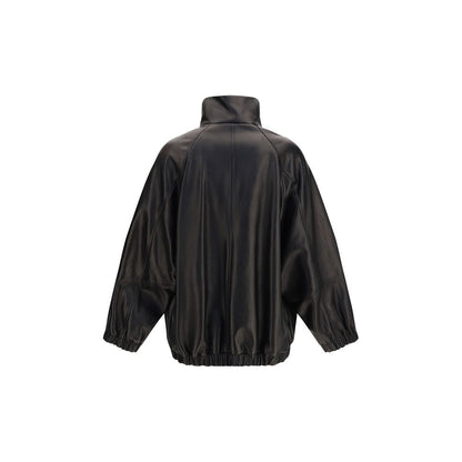 Jacket by Brunello Cucinelli for women in leather black showcases a contemporary silhouette, detailed with a contemporary high-collar neckline and premium pockets for a sophisticated finish.