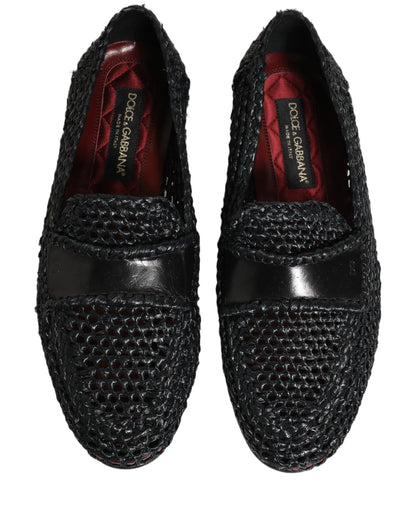 Dolce & Gabbana Black Woven Raffia Slip On Loafers Shoes