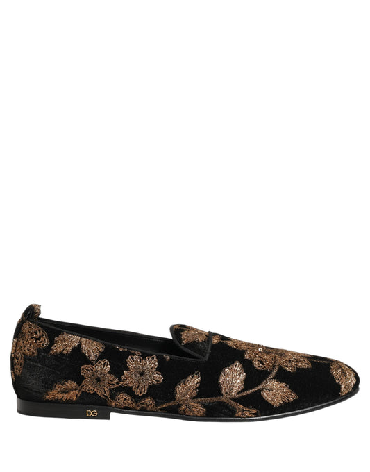 Dolce & Gabbana Men's Polyester Silk Goat & Calf Leather Loafer Slip-On Shoes - Black Floral Jacquard