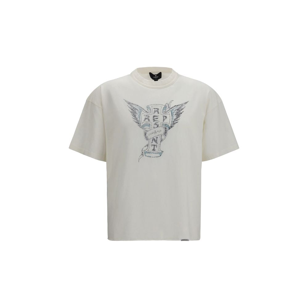T-Shirt by Represent for men in cotton white & print showcases a unassuming silhouette, artfully detailed with a refined round crew neckline and unassuming short-sleeve for a sophisticated, contemporary look.