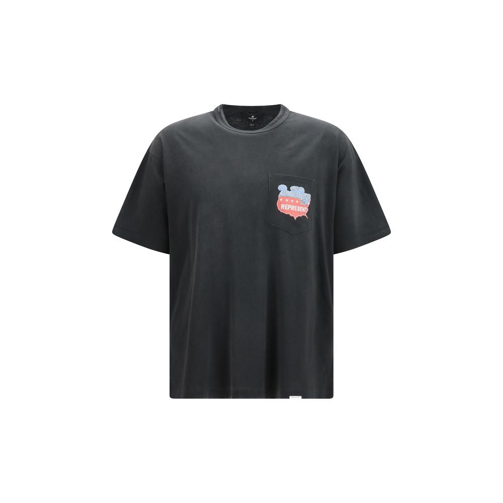 T-Shirt by Represent for men in cotton & hemp gray & print features an edgy silhouette, meticulously detailed with a sophisticated short-sleeve and round crew neckline for a truly edgy finish.