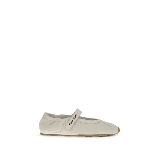 Ballet Flat Shoes by Miu Miu for women in bos taurus calf suede leather white & print features an captivating silhouette, showcasing the captivating style of the Women's Bos Taurus Calf Suede Leather Ballet Flat Shoes with its distinct and refined .