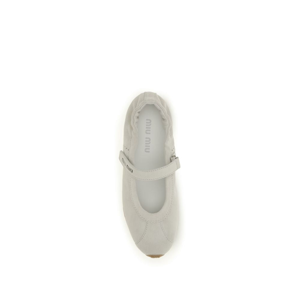 Ballet Flat Shoes by Miu Miu for women in bos taurus calf suede leather white & print presents a effortless chic silhouette, showcasing the Women's Bos Taurus Calf Suede Leather Ballet Flat Shoes design with a effortless chic and for a sophisticated look.