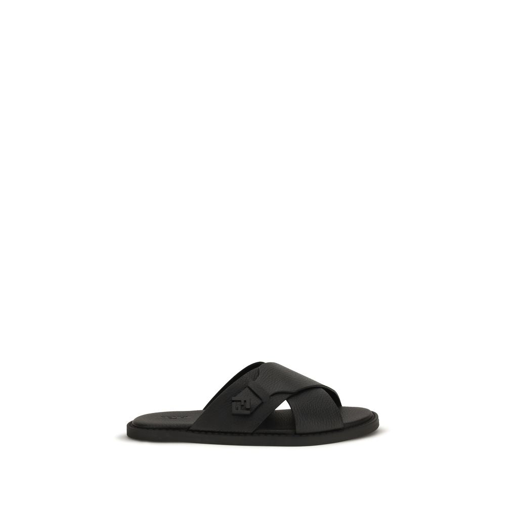 Flat Slider Sandals by Fendi for men in bos taurus calfskin leather black features an statuesque Men's Bos Taurus Calfskin Leather Flat Slider Sandals silhouette with a refined flat and elegant round toe style.