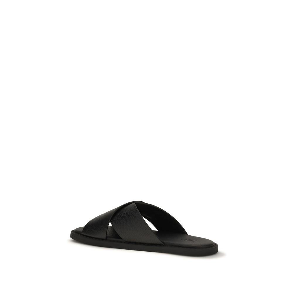 Flat Slider Sandals by Fendi for men in bos taurus calfskin leather black presents a sculptural silhouette, showcasing the Men's Bos Taurus Calfskin Leather Flat Slider Sandals design with a sculptural flat and round toe style for a premium look.