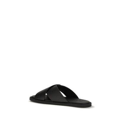 Flat Slider Sandals by Fendi for men in bos taurus calfskin leather black presents a sculptural silhouette, showcasing the Men's Bos Taurus Calfskin Leather Flat Slider Sandals design with a sculptural flat and round toe style for a premium look.