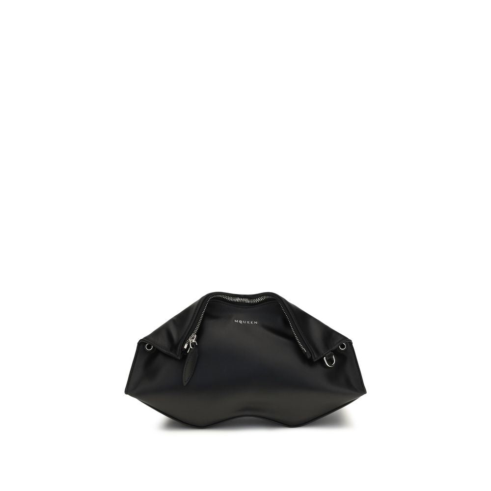 Compact Shoulder Clutch Handbag by Alexander McQueen for women in bos taurus calf leather black features an sculptural silhouette, showcasing a secure zipper and sculptural with versatile shoulder-strap & adjustable-strap for a sophisticated look.