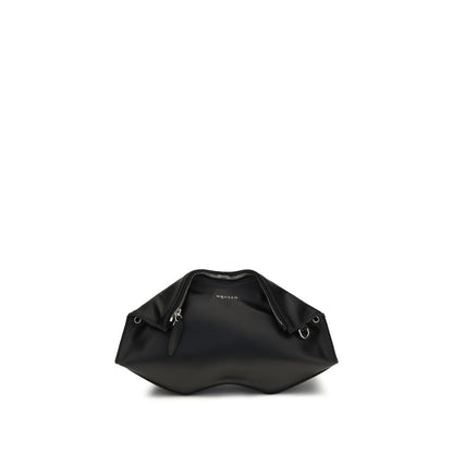 Compact Shoulder Clutch Handbag by Alexander McQueen for women in bos taurus calf leather black features an sculptural silhouette, showcasing a secure zipper and sculptural with versatile shoulder-strap & adjustable-strap for a sophisticated look.