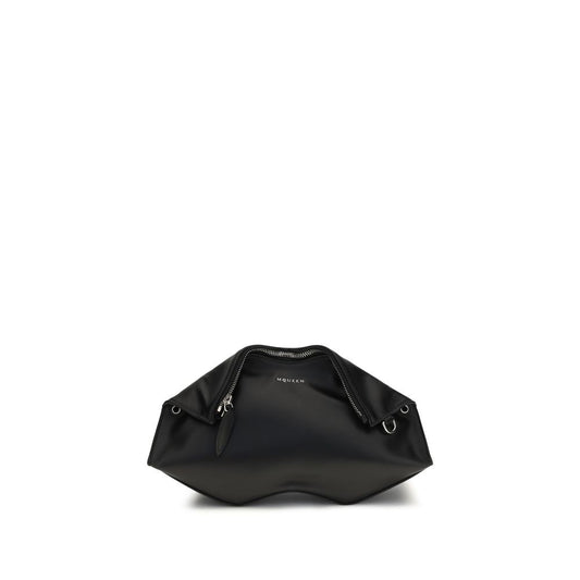Compact Shoulder Clutch Handbag by Alexander McQueen for women in bos taurus calf leather black features an sculptural silhouette, showcasing a secure zipper and sculptural with versatile shoulder-strap & adjustable-strap for a sophisticated look.