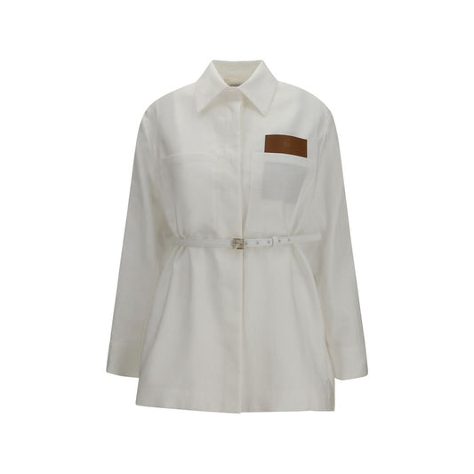 Overcoat by Fendi for women in linen cotton & leather gold, natural & white presents a luxurious silhouette, showcasing a luxurious shirt-collar neckline and sophisticated pockets for a premium, luxurious look.
