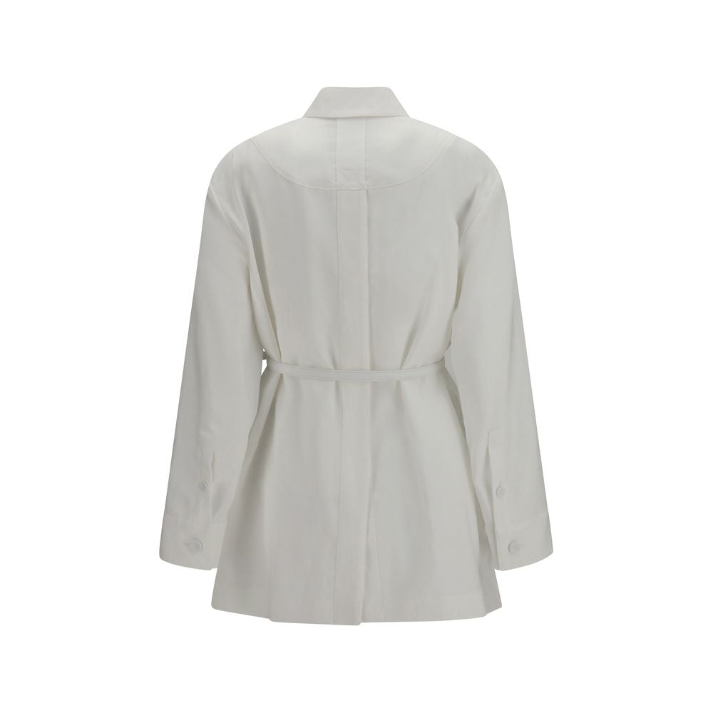 Overcoat by Fendi for women in linen cotton & leather gold, natural & white features an voluminous silhouette, showcasing distinct pockets and a voluminous shirt-collar neckline for a truly voluminous aesthetic.