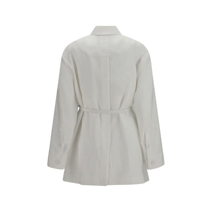 Overcoat by Fendi for women in linen cotton & leather gold, natural & white features an voluminous silhouette, showcasing distinct pockets and a voluminous shirt-collar neckline for a truly voluminous aesthetic.