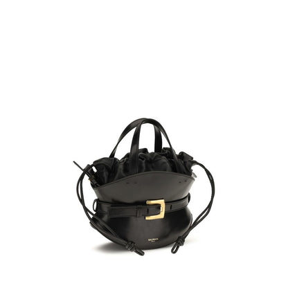 Mini Shoulder Drawstring Bag by Balmain for women in bos taurus calfskin leather black showcases a enviable silhouette, artfully detailed with a secure drawstring, organized , and versatile shoulder-strap, handle & adjustable-strap for a enviable look.