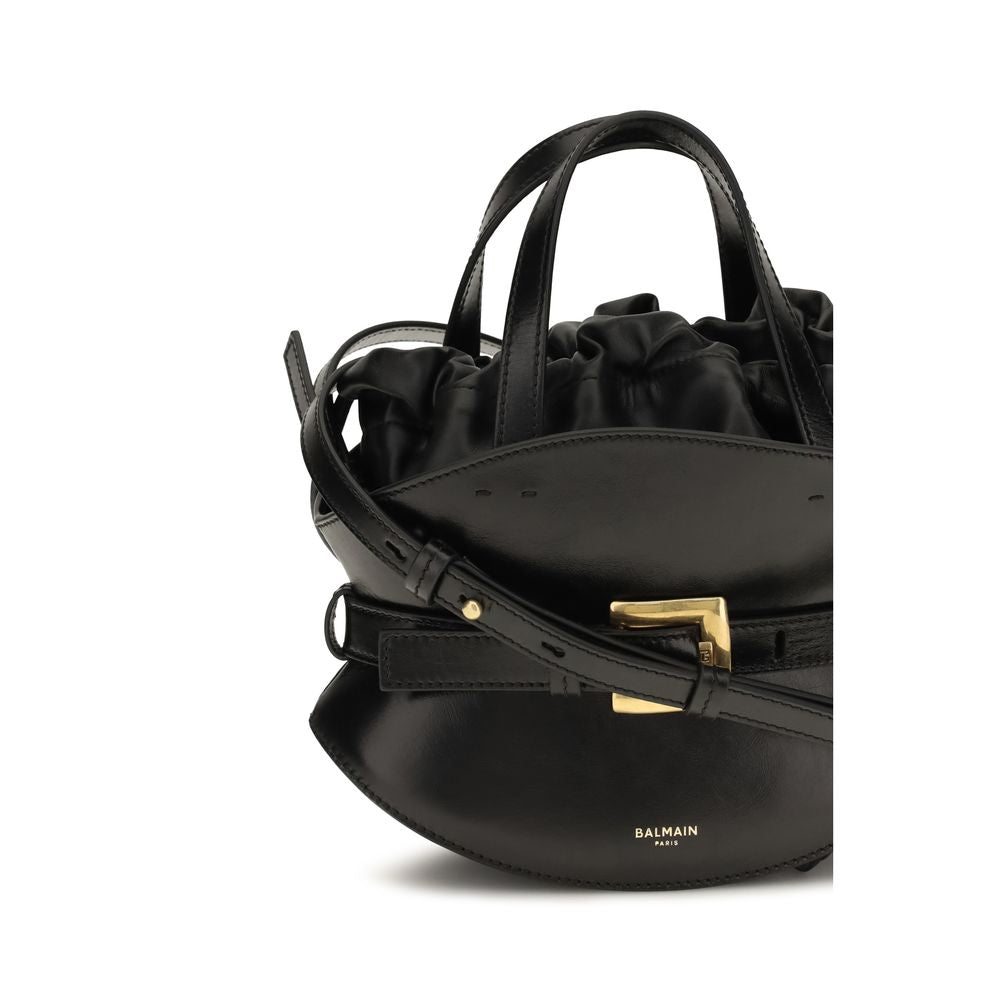Mini Shoulder Drawstring Bag by Balmain for women in bos taurus calfskin leather black features a distinguished silhouette, showcasing a secure drawstring and distinguished with versatile shoulder-strap, handle & adjustable-strap for a distinguished finish.