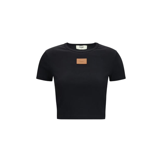 T-Shirt by Fendi for women in cotton & leather black showcases a chic silhouette, artfully detailed with a chic round crew neckline and for a chic finish.