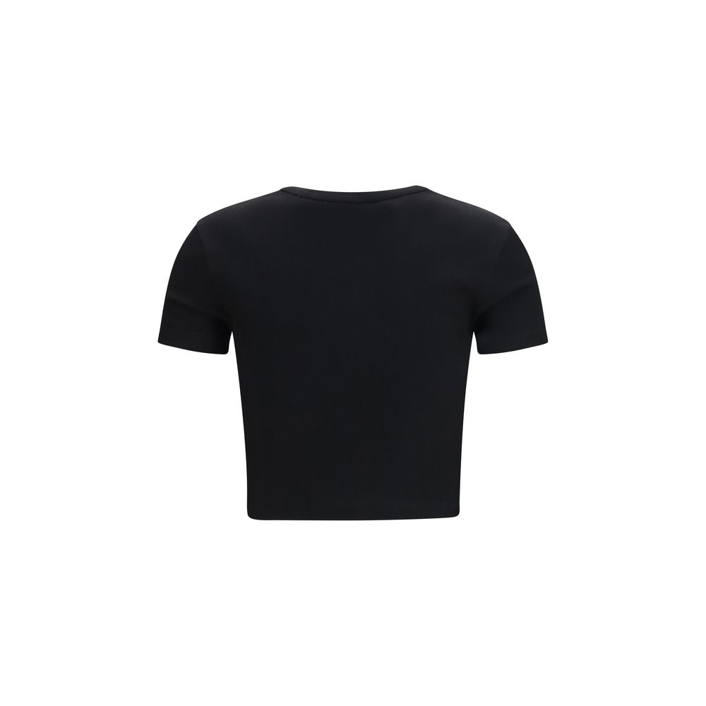 T-Shirt by Fendi for women in cotton & leather black showcases a fashionable silhouette, elegantly detailed with a fashionable and round crew neckline for a sophisticated, high-fashion look.