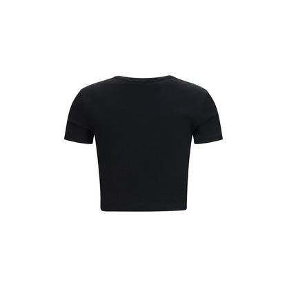 T-Shirt by Fendi for women in cotton & leather black showcases a fashionable silhouette, elegantly detailed with a fashionable and round crew neckline for a sophisticated, high-fashion look.