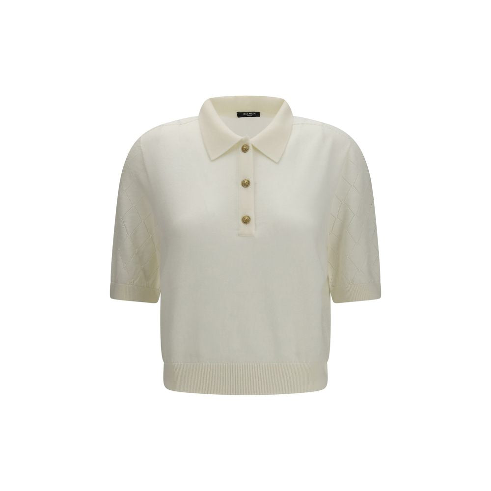 Polo Shirt by Balmain for women in merino wool gold, white & patterned presents a crisp silhouette, artfully detailed with a crisp short-sleeve and crisp .