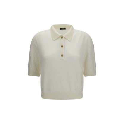 Polo Shirt by Balmain for women in merino wool gold, white & patterned presents a crisp silhouette, artfully detailed with a crisp short-sleeve and crisp .