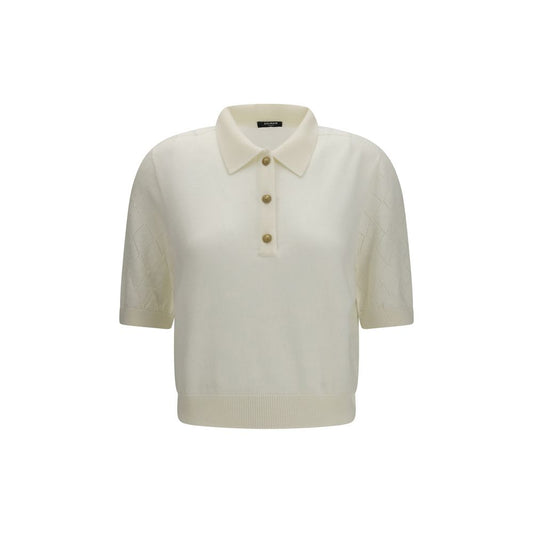 Polo Shirt by Balmain for women in merino wool gold, white & patterned presents a crisp silhouette, artfully detailed with a crisp short-sleeve and crisp .