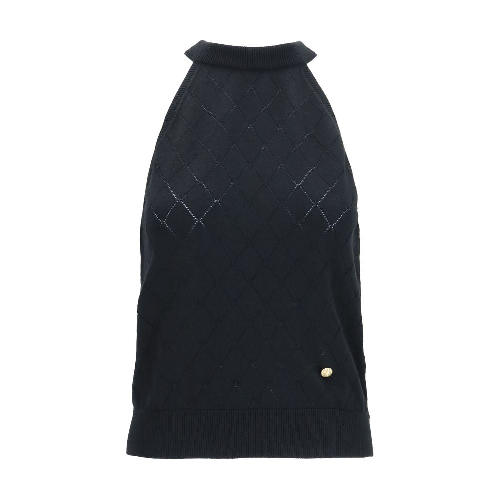 T-Shirt by Balmain for women in merino wool black & gold features a plush silhouette, showcasing a sophisticated high-neck neckline and sleeveless for a truly plush finish.